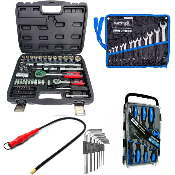 Набор инструментов 5в1 (Набор 72 ед. + Набор отверток профессиональных в кейсе 7 ед. с намагничивателем + Ключи 12 ед. + Шестигранники 7 ед. + Магнит) Profline 60725-101