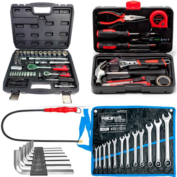 Набор инструментов 5в1(набор 72ед + слесарный 10ед + ключи 12ед + Г-обр. ключи 7ед + магнит)Profline 60725-208
