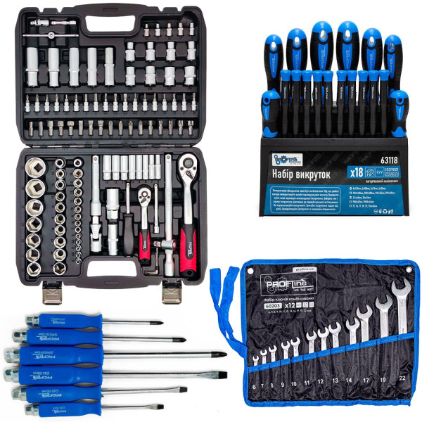 Набор инструментов 4в1 (набор 108 ед + набор отверток 18 ед + ключи 12 ед + отвертки 6 ед) Profline 61085-004