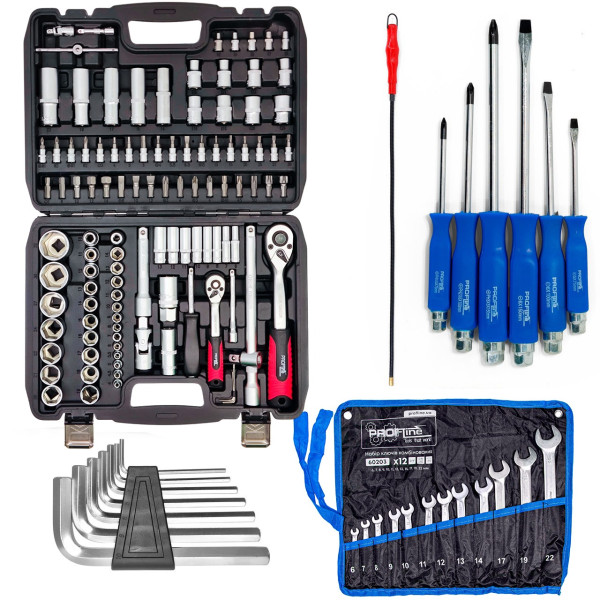 Набор инструментов 5в1 (Набор 108ед+ключи 12 ед+набор отверток 6 шт+шестигранники+магнит) PROFLINE 61085-008
