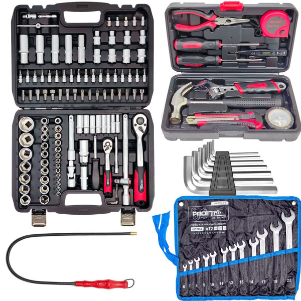 Набор инструментов 5в1 (набор 108 ед + ключи 12 ед + слесарка + шестигранники + магнит) PROFLINE 61085-108