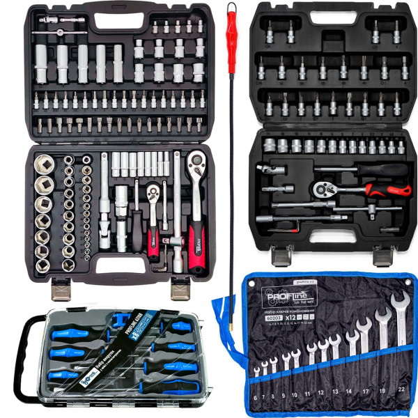 Набор инструментов 5в1 (набор 108 ед + набор 46 ед + ключи 12 ед + набор отверток профессиональных в кейсе 7 ед с намагничивателем + магнит) PROFLINE 61085-110