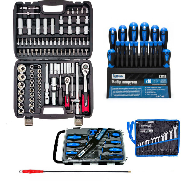 Набор инструментов 5в1 (набор 108 ед, ключи на полотне, набор отверток 18 ед., магнит и набор отверток профессиональных в кейсе 7 ед с намагничивателем) Profline 61085-206