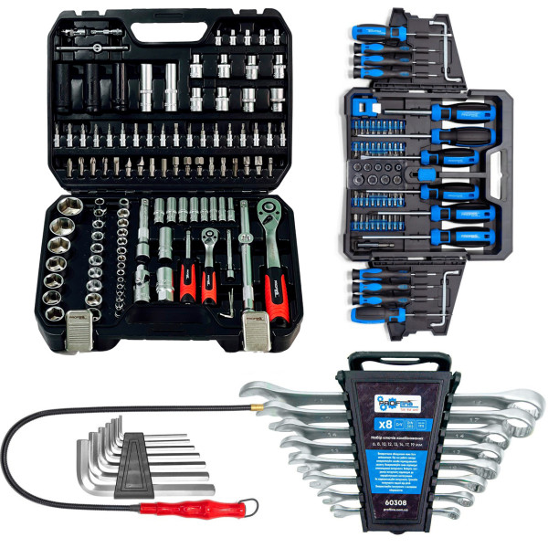 Набор инструментов 5в1 (Набор 111 ед, Набор ключей 8 ед, Набор отверток, бит и головок 63 ед, гибкий удлинитель и шестигранники) Profline 61085-222