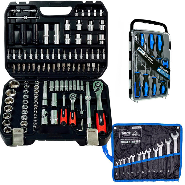 Набор инструментов 3в1 (набор инструментов 111 ед + набор ключей комбинированных на холсте 12 ед + набор отверток профессиональных в кейсе 7 ед с намагничивателем) Profline 61085-301