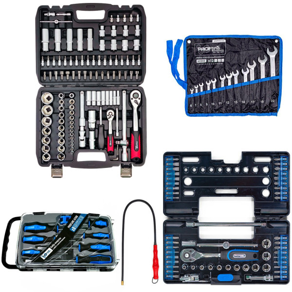 Набор инструментов 5в1 (набор инструментов 108 ед + набор ключей комбинированных на холсте 12 ед + профессиональный набор инструментов 57 ед + магнит на гибком удлинителе + набор отверток профессиональных в кейсе 7 ед с намагничивателем)Profline 61085-302