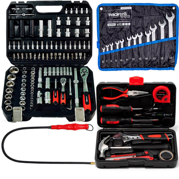 Набор инструментов 4в1 (набор 111 ед + ключи 12 ед + магнит + набор слесарный 10 ед) Profline 61085-307
