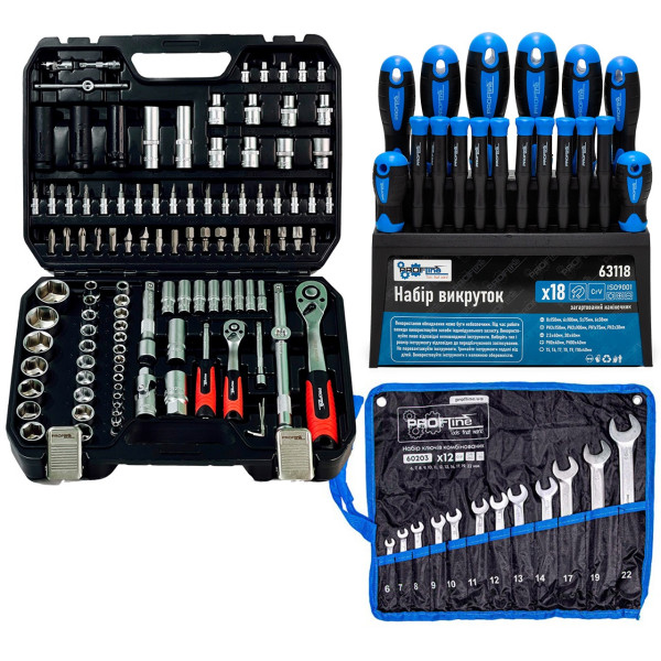 Набор инструментов 3в1 (набор 111 ед + набор ключей 12 ед + набор отверток 18 ед) Profline 61085-311