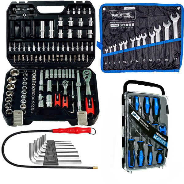 Набор инструментов 5в1 (набор инструментов 111 ед + нaбop шecтигpaнникoв Г-oбpaзныx 7eд + набор отверток профессиональных в кейсе 7 ед с намагничивателем + магнит на гибком удлинителе) Profline 61085-318