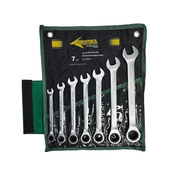 Набор ключей комбинированных с трещоткой 7 шт. на холсте (72 зуба) Aeroforce AE-G3307