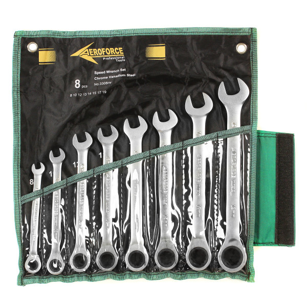 Набор ключей комбинированных с трещоткой 8 шт. на холсте (72 зуба) Aeroforce AE-G3308