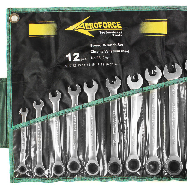 Набор ключей комбинированных с трещоткой 12 шт. на холсте (72 зуба) Aeroforce AE-G3312