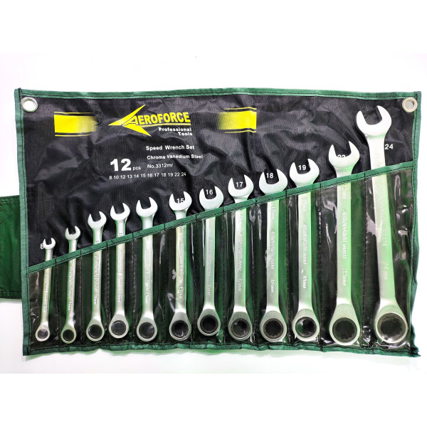 Набор ключей комбинированных с трещоткой 12 шт. на холсте (72 зуба) Aeroforce AE-G3312