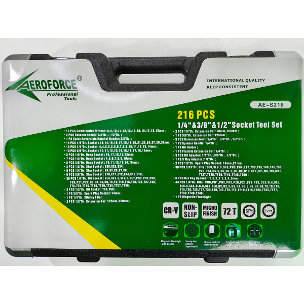 Набор профессиональных инструментов (1/2', 1/4', 3/8') 216 ед. Aeroforce AE-S216